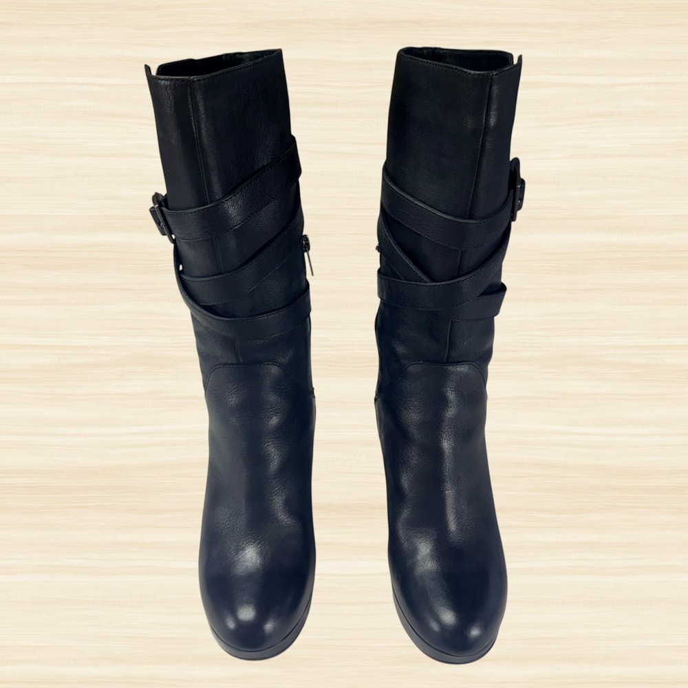 UGG Jardin Black Leather Moto Buckle Strap Mid Calf Heeled Boots Womens 9 - Picture 4 of 13